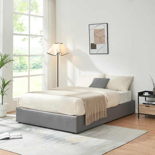 Letto Francese Contenitore Nola 140x200 cm Apertura a Ribalta Rivestito in Tessuto Lino - Grigio [en.casa]