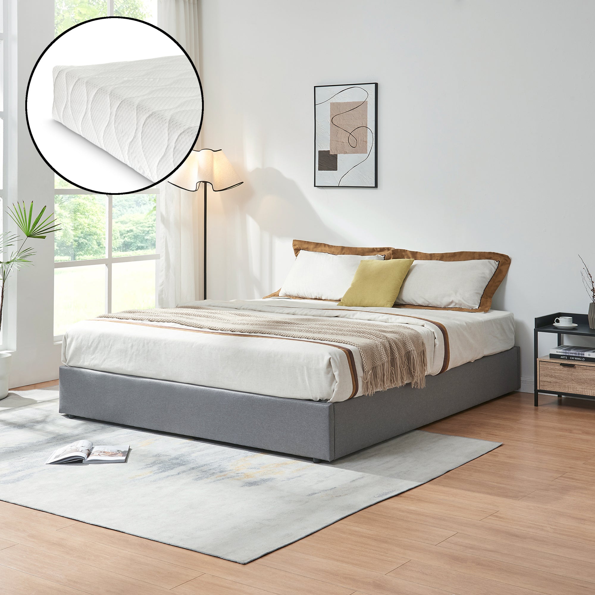 Letto Matrimoniale Contenitore Nola 160x200 cm con Materasso Apertura a Ribalta Rivestito in Tessuto Lino - Grigio