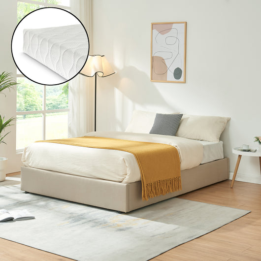 Letto Francese Contenitore Nola 140x200 cm con Materasso Apertura a Ribalta Rivestito in Tessuto Lino - Beige [en.casa]