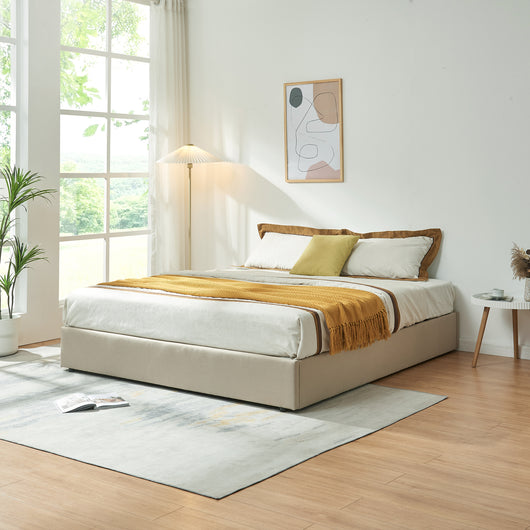 Letto Matrimoniale Contenitore Nola 160x200 cm Apertura a Ribalta Rivestito in Tessuto Lino - Beige [en.casa]