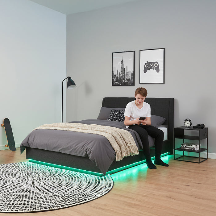 Letto Contenitore Tröstiar con Apertura a Ribalta e Luce LED Letto Francese 140x200 cm Nero [en.casa]