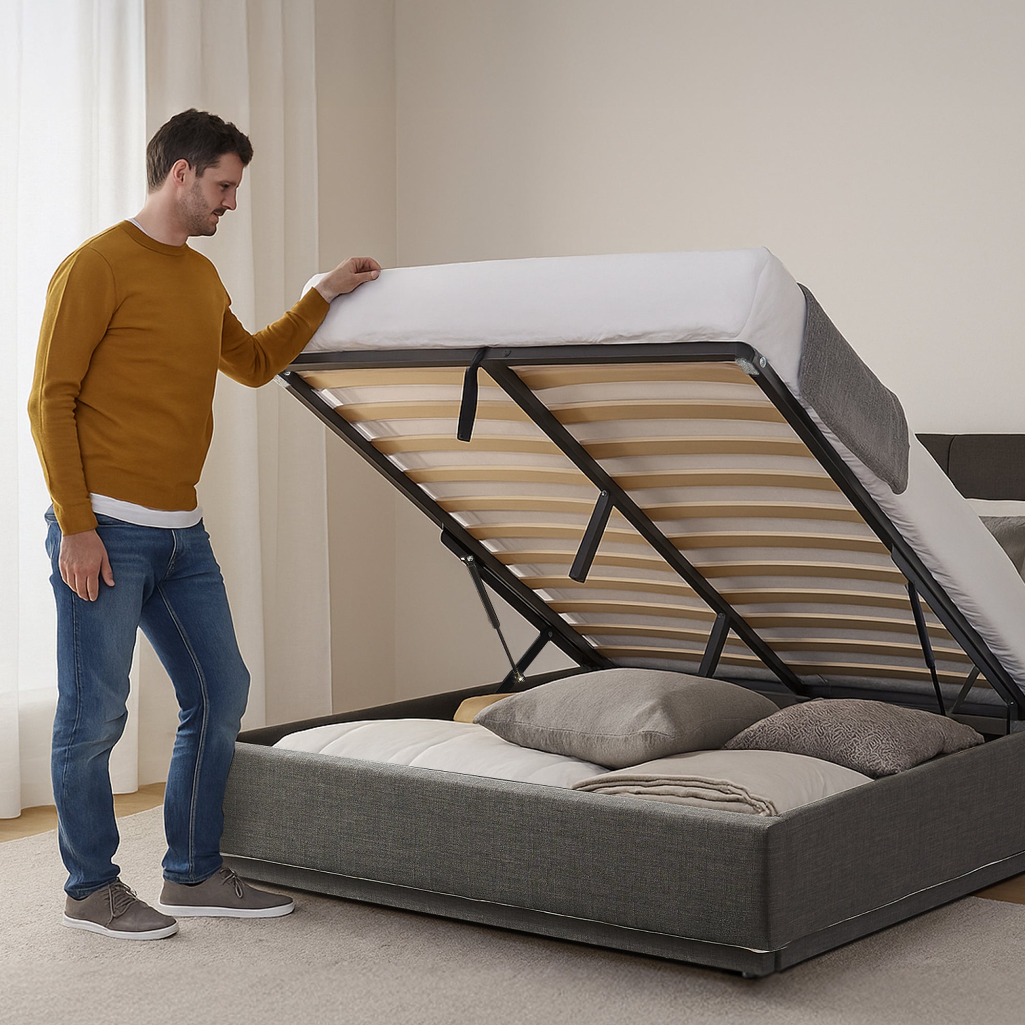 Letto Contenitore Tröstiar con Apertura a Ribalta e Luce LED Letto Matrimoniale 160x200 cm Nero [en.casa]