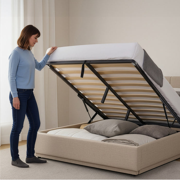 Letto Contenitore Tröstiar con Apertura a Ribalta e Luce LED Letto Matrimoniale 160x200 cm Beige [en.casa]