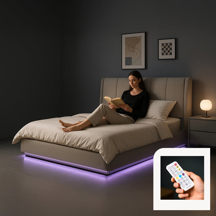 Letto Contenitore Tröstiar con Apertura a Ribalta e Luce LED Letto Matrimoniale 160x200 cm Beige [en.casa]