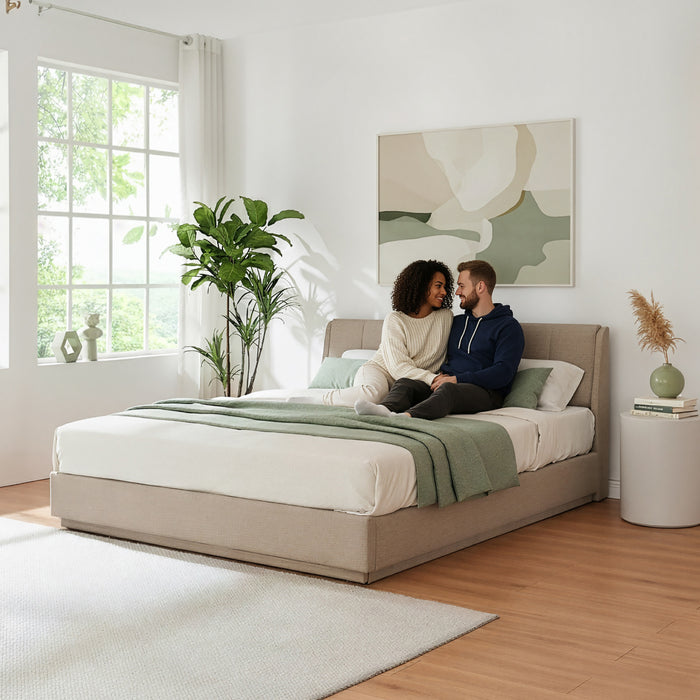 Letto Contenitore Tröstiar con Apertura a Ribalta e Luce LED Letto Matrimoniale 160x200 cm Beige [en.casa]