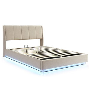 Letto Contenitore Tröstiar con Apertura a Ribalta e Luce LED Letto Matrimoniale 160x200 cm Beige [en.casa]