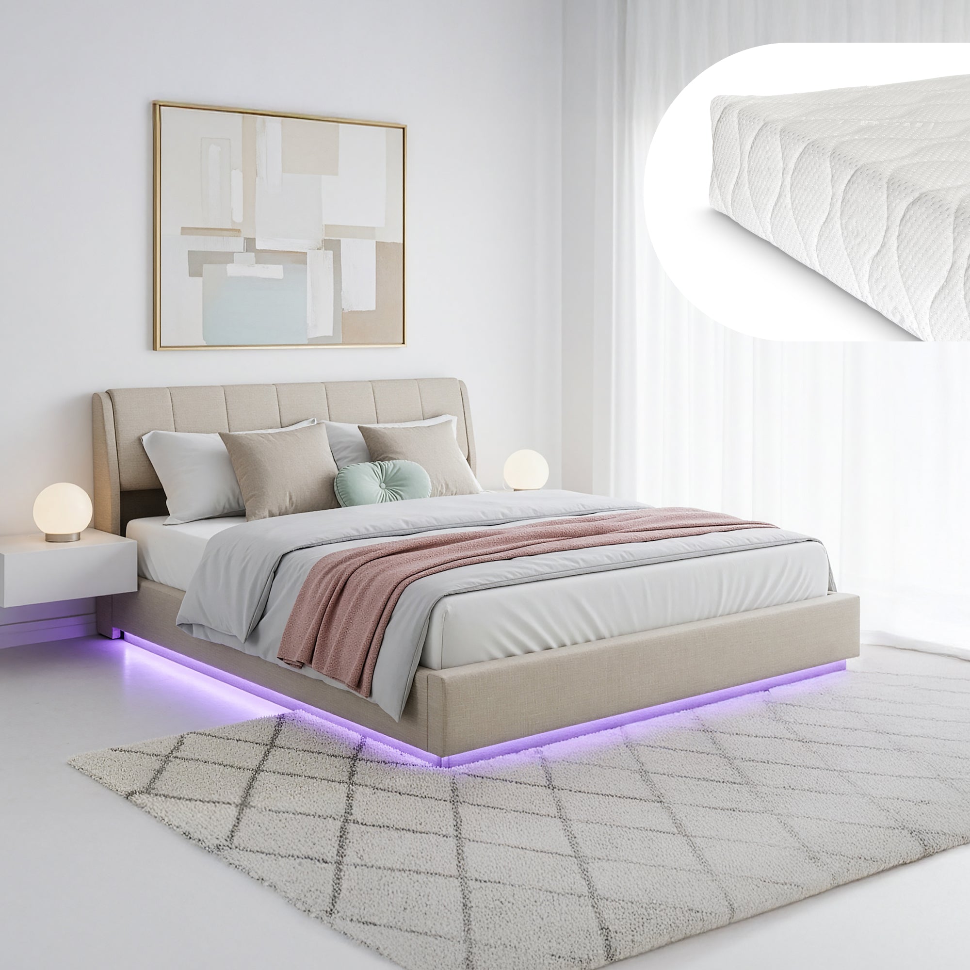 Letto Contenitore Tröstiar con Luce LED Letto Matrimoniale con Materasso 180x200 cm Beige [en.casa]