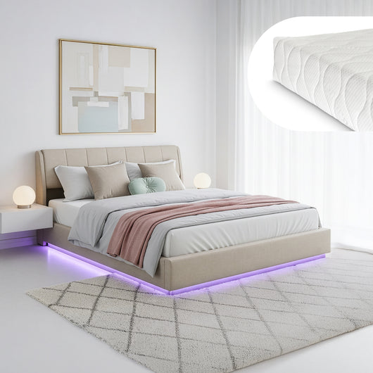 Letto Contenitore Tröstiar con Luce LED Letto Matrimoniale con Materasso 180x200 cm Beige [en.casa]