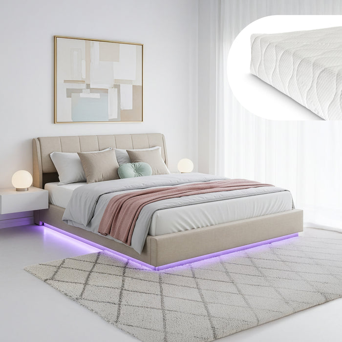 Letto Contenitore Tröstiar con Luce LED Letto Matrimoniale con Materasso 180x200 cm Beige [en.casa]