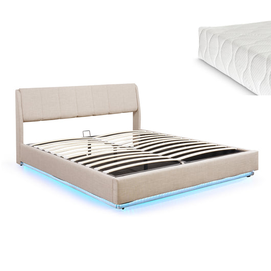 Letto Contenitore Tröstiar con Luce LED Letto Matrimoniale con Materasso 180x200 cm Beige [en.casa]