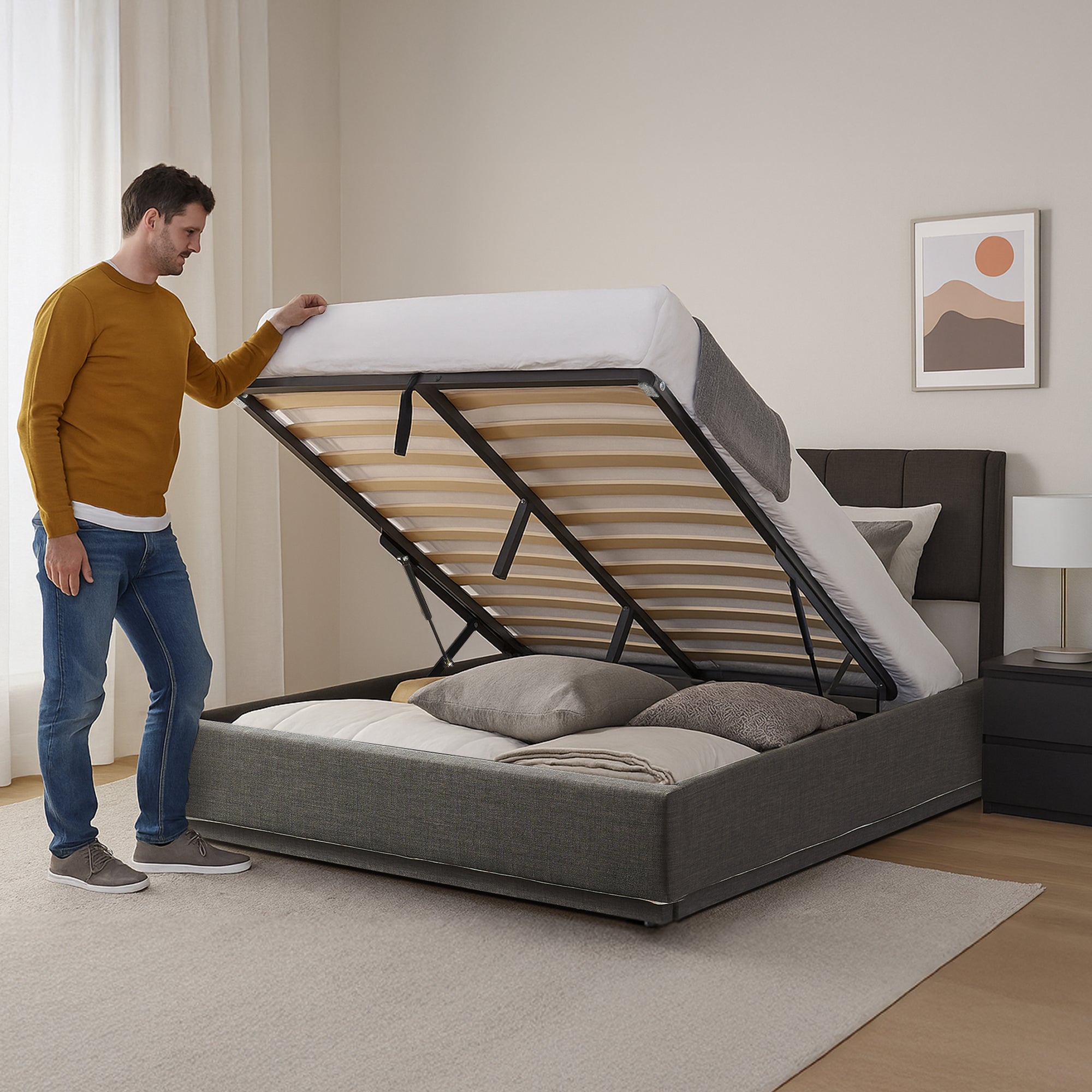 Letto Contenitore Tröstiar con Luce LED Letto Matrimoniale con Materasso 160x200 cm Antracite [en.casa]