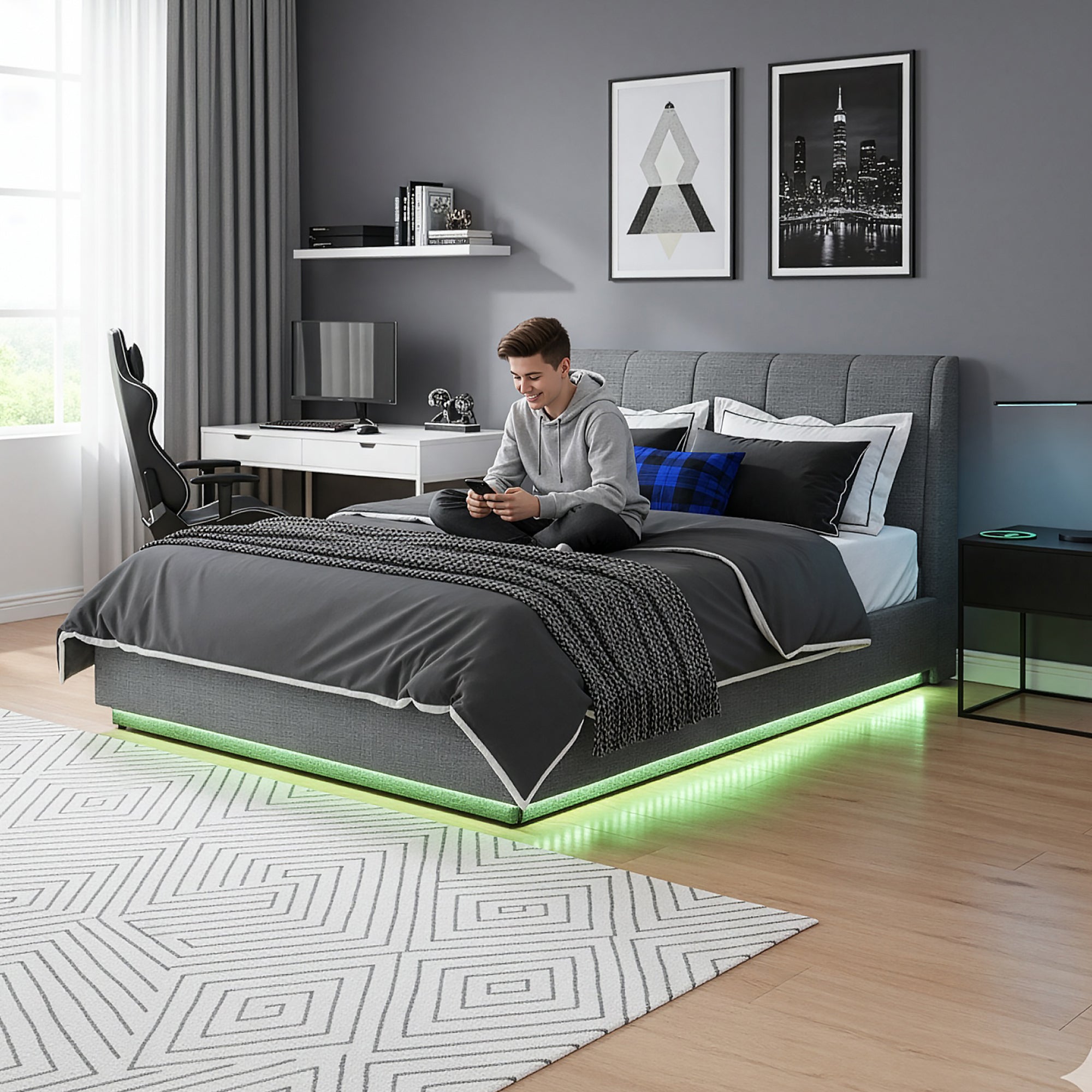 Letto Contenitore Tröstiar con Luce LED Letto Matrimoniale con Materasso 180x200 cm Antracite [en.casa]