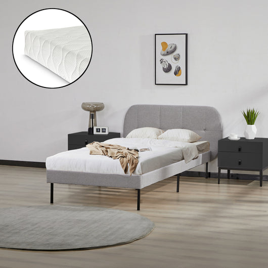 Letto Singolo Porvoo con Testiera e Materasso 90x200 cm Rivestimento in Tessuto - Grigio [en.casa]