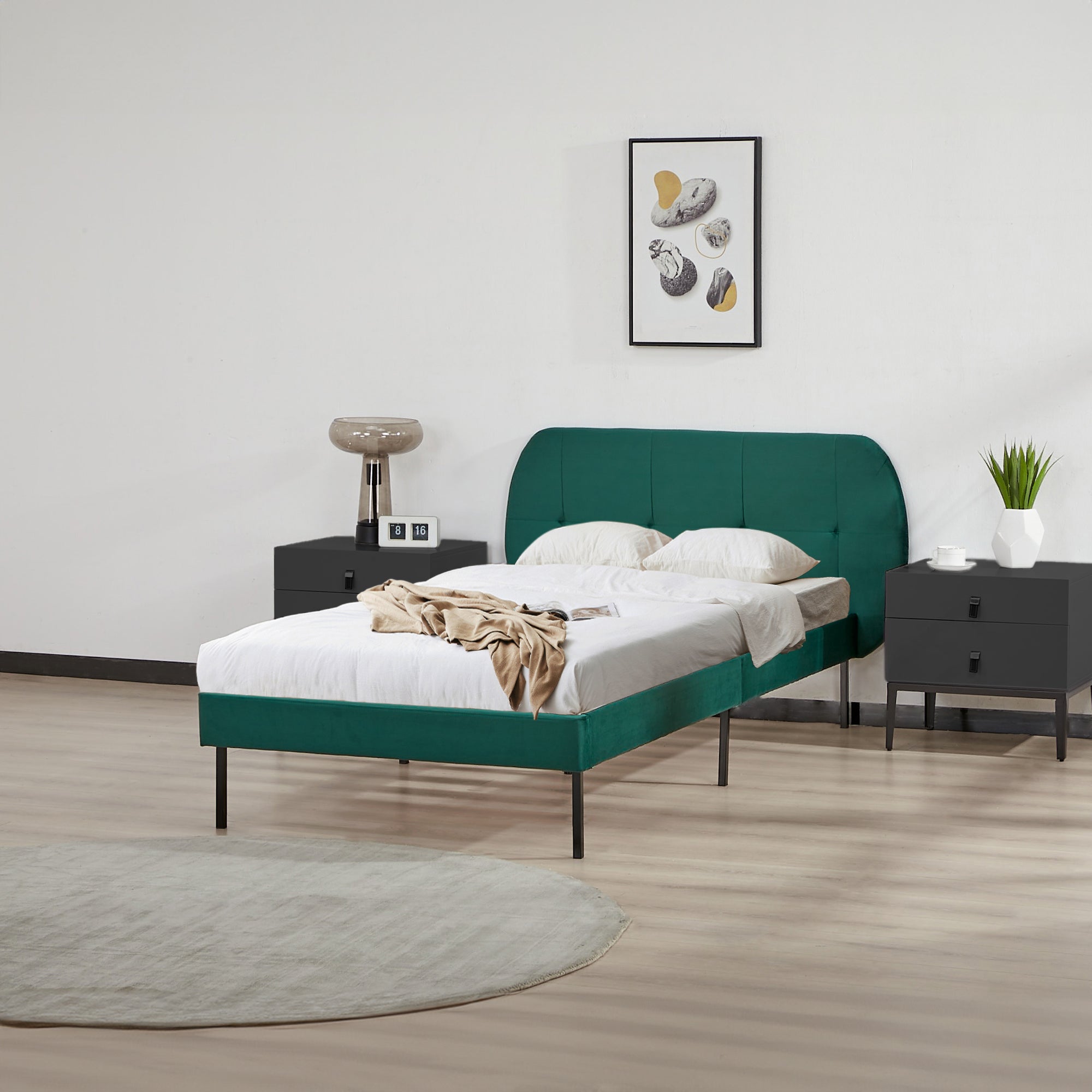 Letto Singolo Porvoo 90x200 cm Testiera Imbottita Rivestimento in Velluto - Verde Scuro [en.casa]