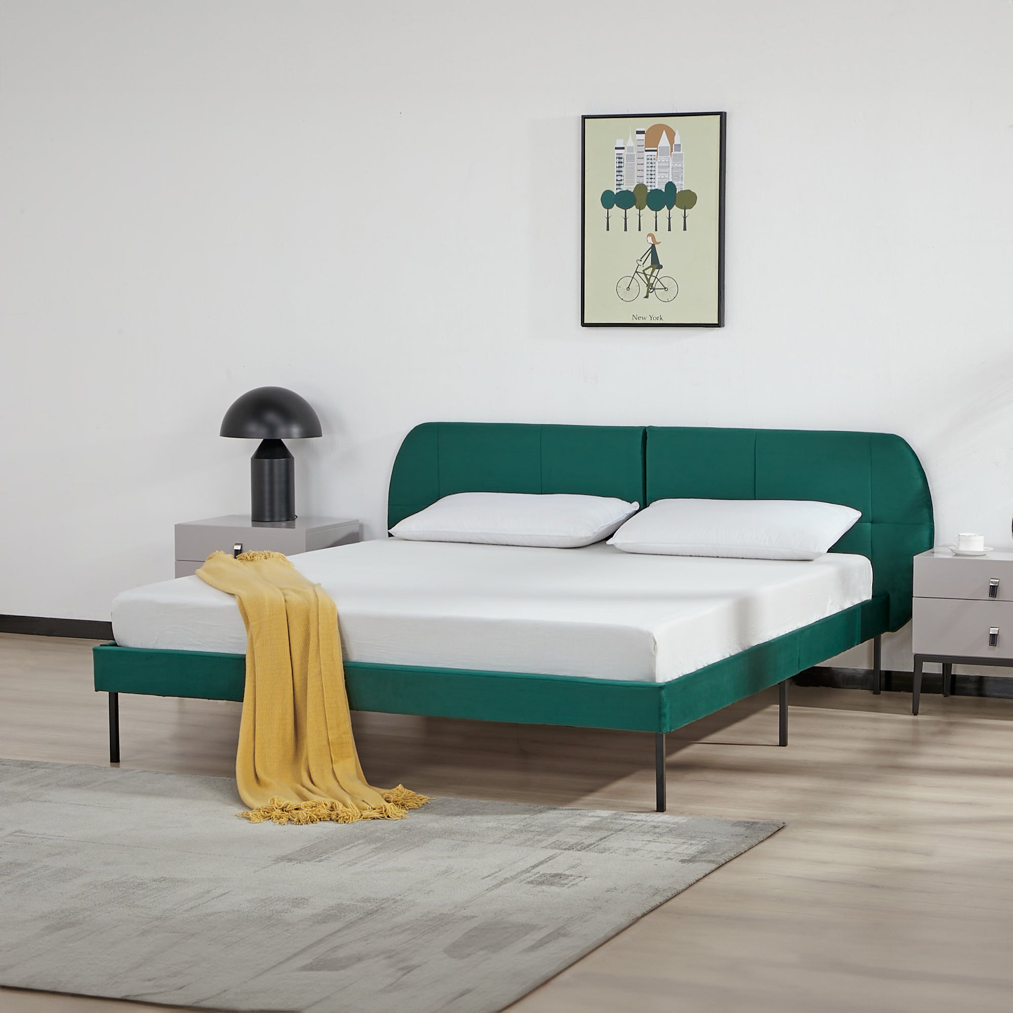 Letto Matrimoniale Porvoo 160x200 cm Testiera Imbottita Rivestimento in Velluto - Verde Scuro [en.casa]