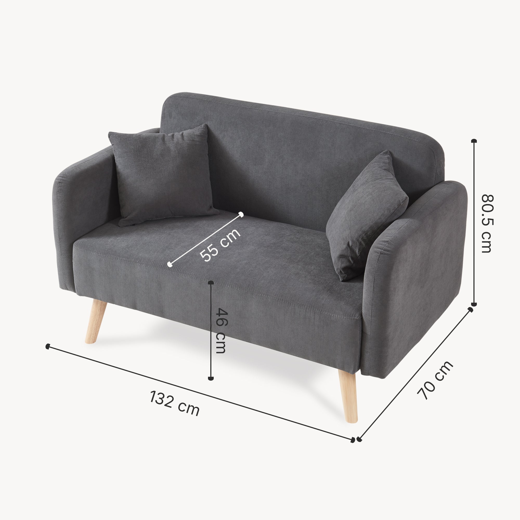 Divano Midt a 2 Posti in Velluto a Corde con Braccioli e 2 Cuscini - Grigio [en.casa]