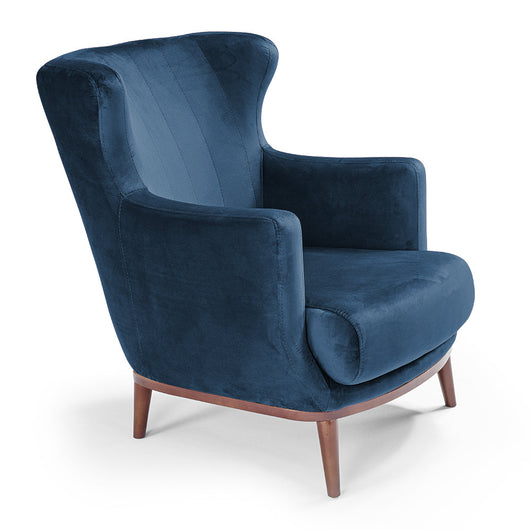 Poltrona da camera ETRO’ MADE IN ITALY, stile vintage, tessuto velluto antimacchia e idrorepellente, piedi in legno finitura noce, ideale per soggiorno, camera, studio, hotel e bar, colore Blu Notte