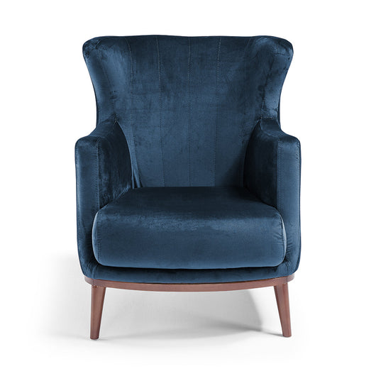 Poltrona da camera ETRO’ MADE IN ITALY, stile vintage, tessuto velluto antimacchia e idrorepellente, piedi in legno finitura noce, ideale per soggiorno, camera, studio, hotel e bar, colore Blu Notte