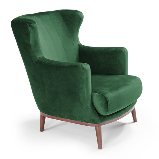 Poltrona da camera ETRO’ MADE IN ITALY, stile vintage, tessuto velluto antimacchia e idrorepellente, piedi in legno finitura noce, ideale per soggiorno, camera, studio, hotel e bar, colore Verde Smeraldo