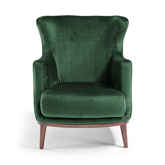 Poltrona da camera ETRO’ MADE IN ITALY, stile vintage, tessuto velluto antimacchia e idrorepellente, piedi in legno finitura noce, ideale per soggiorno, camera, studio, hotel e bar, colore Verde Smeraldo