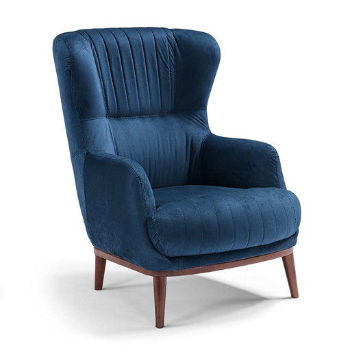 Poltrona da camera CAREZZA MADE IN ITALY, stile vintage, tessuto velluto antimacchia e idrorepellente, piedi in legno finitura noce, ideale per soggiorno, camera, studio, hotel e bar, colore Blu Notte
