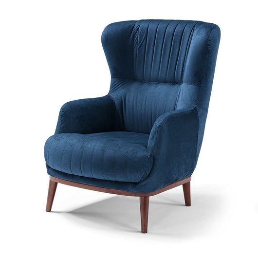 Poltrona da camera CAREZZA MADE IN ITALY, stile vintage, tessuto velluto antimacchia e idrorepellente, piedi in legno finitura noce, ideale per soggiorno, camera, studio, hotel e bar, colore Blu Notte