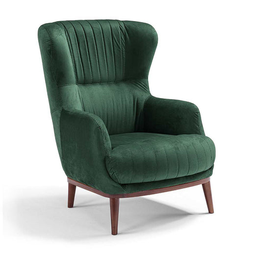 Poltrona da camera CAREZZA MADE IN ITALY, stile vintage, tessuto velluto antimacchia e idrorepellente, piedi in legno finitura noce, ideale per soggiorno, camera, studio, hotel e bar, colore Petrolio