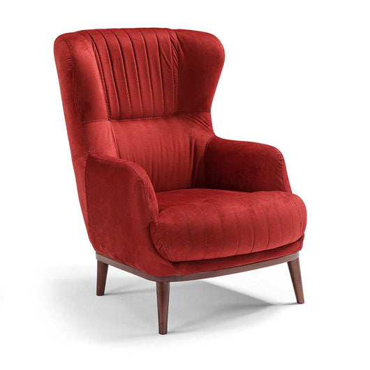 Poltrona da camera CAREZZA MADE IN ITALY, stile vintage, tessuto velluto antimacchia e idrorepellente, piedi in legno finitura noce, ideale per soggiorno, camera, studio, hotel e bar, colore Rosso