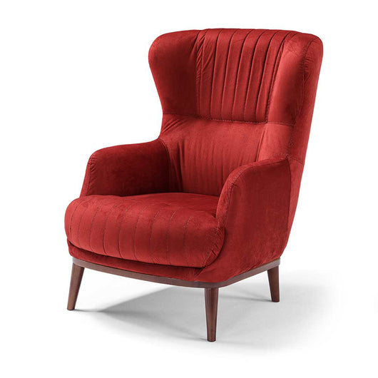 Poltrona da camera CAREZZA MADE IN ITALY, stile vintage, tessuto velluto antimacchia e idrorepellente, piedi in legno finitura noce, ideale per soggiorno, camera, studio, hotel e bar, colore Rosso