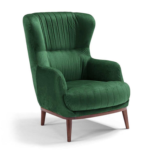 Poltrona da camera CAREZZA MADE IN ITALY, stile vintage, tessuto velluto antimacchia e idrorepellente, piedi in legno finitura noce, ideale per soggiorno, camera, studio, hotel e bar, colore Verde Smeraldo