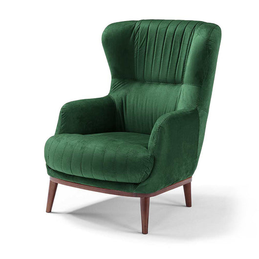 Poltrona da camera CAREZZA MADE IN ITALY, stile vintage, tessuto velluto antimacchia e idrorepellente, piedi in legno finitura noce, ideale per soggiorno, camera, studio, hotel e bar, colore Verde Smeraldo