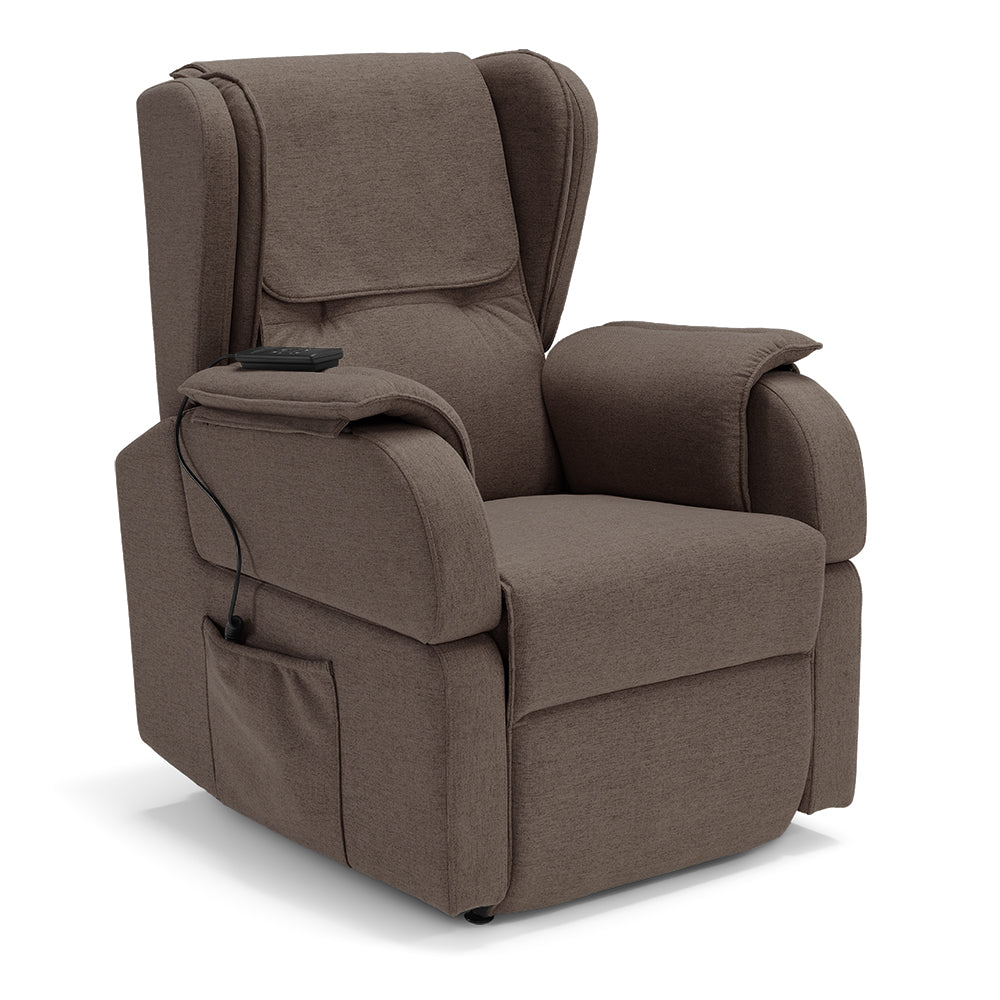 Poltrona relax elettrica Berlino per anziani, 2 motori, 4 ruote, Kit Batteria, reclinazione e alzapersona, Tavolino di Servizio, braccioli estrabili, Tessuto Antimacchia, colore Fango