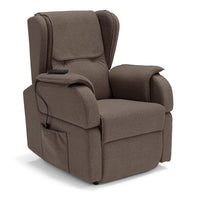 Poltrona relax elettrica Berlino per anziani, 2 motori, 4 ruote, Kit Batteria, reclinazione e alzapersona, Tavolino di Servizio, braccioli estrabili, Tessuto Antimacchia, colore Fango