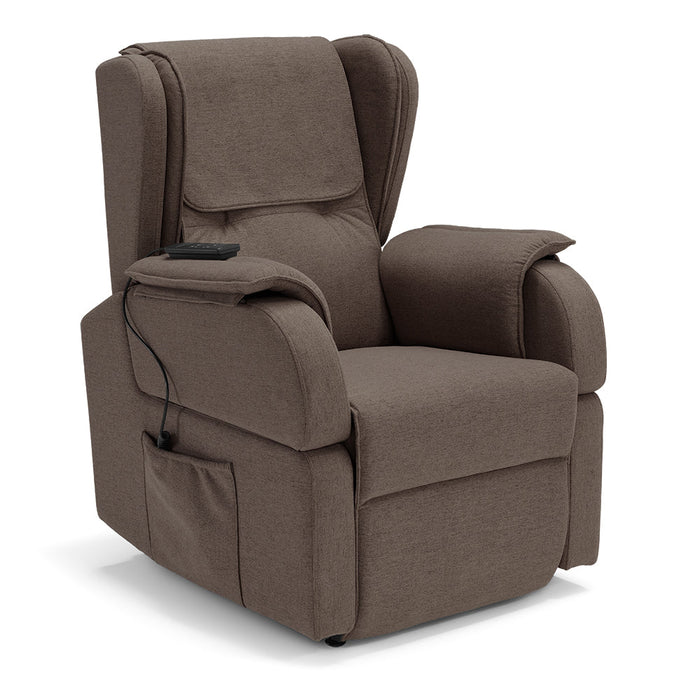 Poltrona relax elettrica Berlino per anziani, 2 motori, 4 ruote, Kit Batteria, reclinazione e alzapersona, Tavolino di Servizio, braccioli estrabili, Tessuto Antimacchia, colore Fango