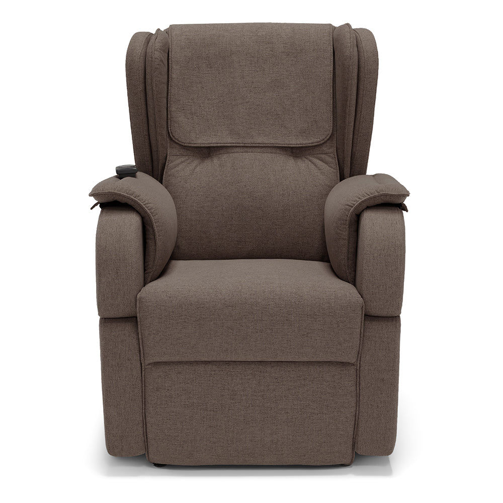 Poltrona relax elettrica Berlino per anziani, 2 motori, 4 ruote, reclinazione e alzapersona, Tavolino di Servizio, braccioli estrabili, Tessuto Antimacchia, colore Fango