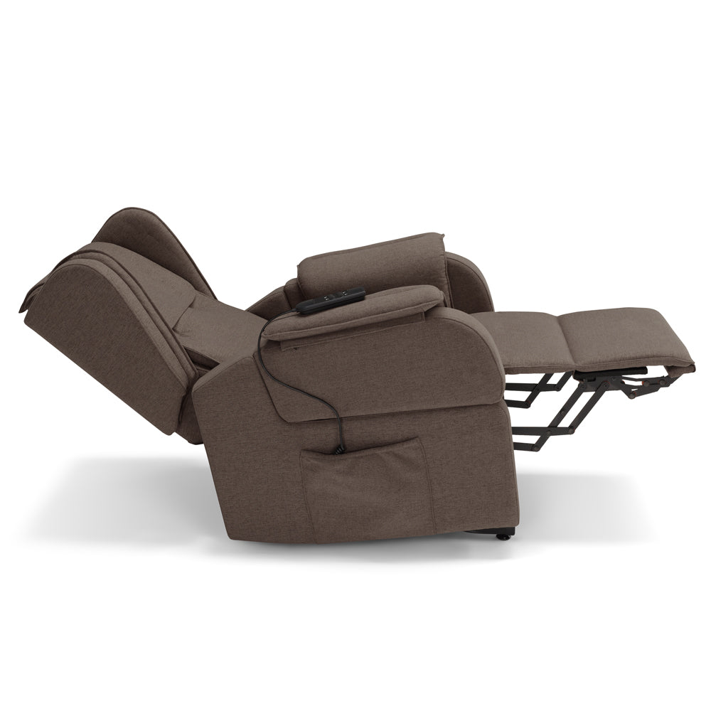 Poltrona relax elettrica Berlino per anziani, 2 motori, 4 ruote, reclinazione e alzapersona, Tavolino di Servizio, braccioli estrabili, Tessuto Antimacchia, colore Fango