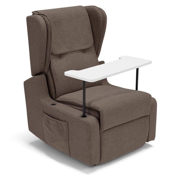 Poltrona relax elettrica Berlino per anziani, 2 motori, 4 ruote, Kit Batteria, reclinazione e alzapersona, Tavolino di Servizio, braccioli estrabili, Tessuto Antimacchia, colore Fango