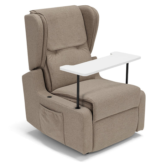 Poltrona relax elettrica Berlino per anziani, 2 motori, 4 ruote, reclinazione e alzapersona, Tavolino di Servizio, braccioli estrabili, Tessuto Antimacchia, colore Tortora