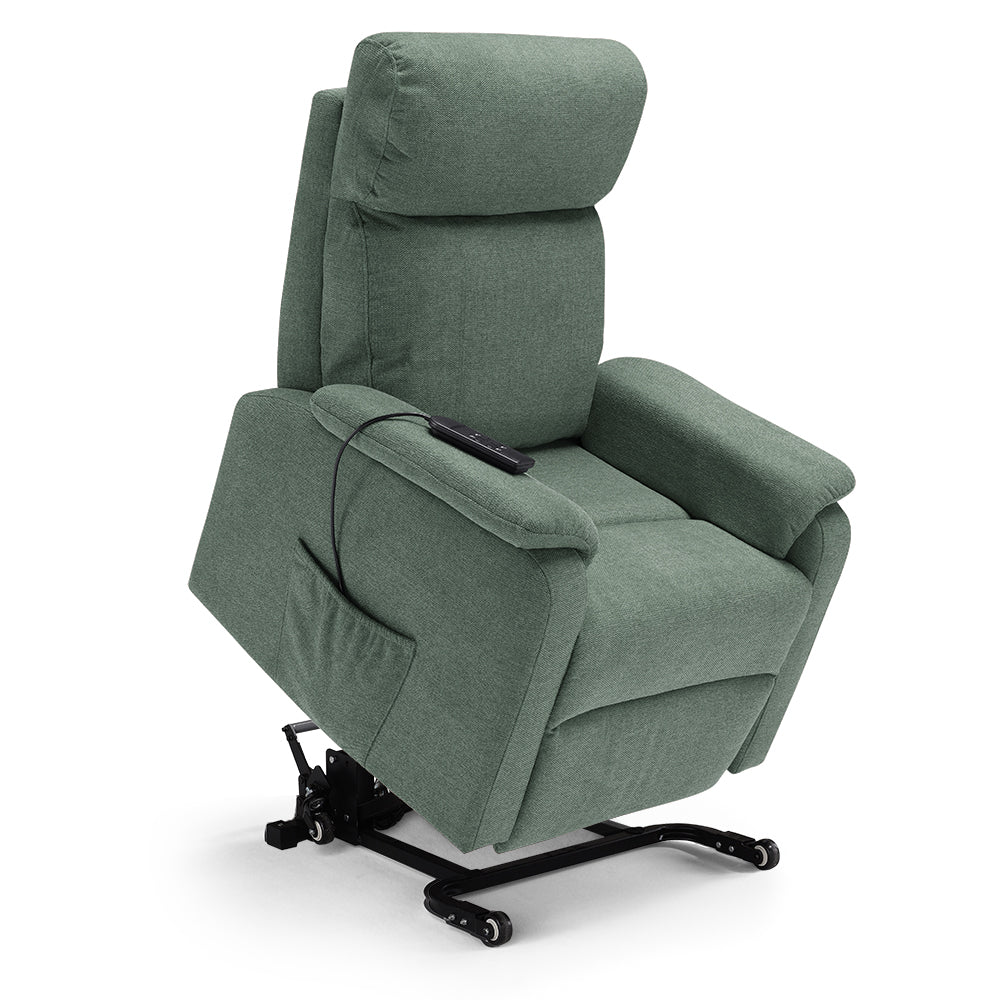 Poltrona relax elettrica Denver per anziani, 2 motori, 4 ruote, reclinazione e alzapersona, sponde estraibili, doppia pediera estensibile, colore Verde
