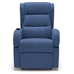 Poltrona relax elettrica Bilbao per anziani, 2 motori, 2 ruote, reclinazione e alzapersona, braccioli estrabili, doppia pediera, colore Blu
