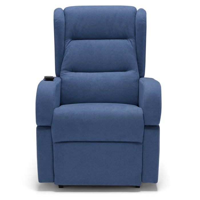 Poltrona relax elettrica Bilbao per anziani, 2 motori, 4 ruote, reclinazione e alzapersona, Tavolino di Servizio, braccioli estrabili, doppia pediera, colore Fango