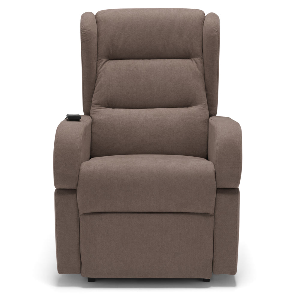 Poltrona relax elettrica Bilbao per anziani, 2 motori, 2 ruote, reclinazione e alzapersona, Kit Batteria e Tavolino di Servizio, braccioli estrabili, doppia pediera, colore Fango