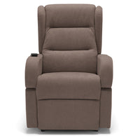 Poltrona relax elettrica Bilbao per anziani, 2 motori, 2 ruote, reclinazione e alzapersona, Kit Batteria, braccioli estrabili, doppia pediera, colore Fango
