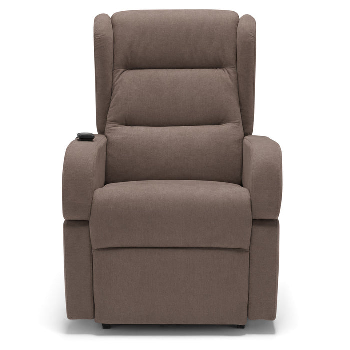 Poltrona relax elettrica Bilbao per anziani, 2 motori, 2 ruote, reclinazione e alzapersona, Kit Batteria, braccioli estrabili, doppia pediera, colore Fango