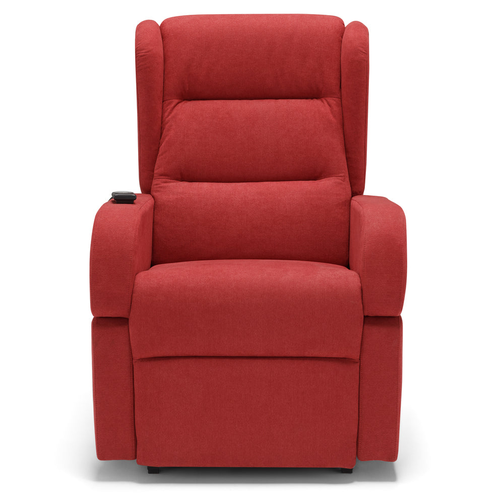 Poltrona relax elettrica Bilbao per anziani, 2 motori, 2 ruote, reclinazione e alzapersona, Kit Batteria, braccioli estrabili, doppia pediera, colore Rosso