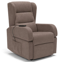 Poltrona relax elettrica Bilbao per anziani, 2 motori, 2 ruote, reclinazione e alzapersona, Kit Batteria e Tavolino di Servizio, braccioli estrabili, doppia pediera, colore Fango