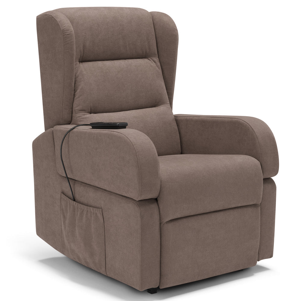 Poltrona relax elettrica Bilbao per anziani, 2 motori, 2 ruote, reclinazione e alzapersona, Kit Batteria, braccioli estrabili, doppia pediera, colore Fango