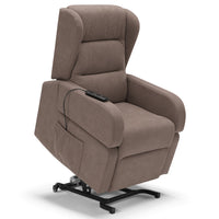 Poltrona relax elettrica Bilbao per anziani, 2 motori, 2 ruote, reclinazione e alzapersona, Kit Batteria e Tavolino di Servizio, braccioli estrabili, doppia pediera, colore Fango