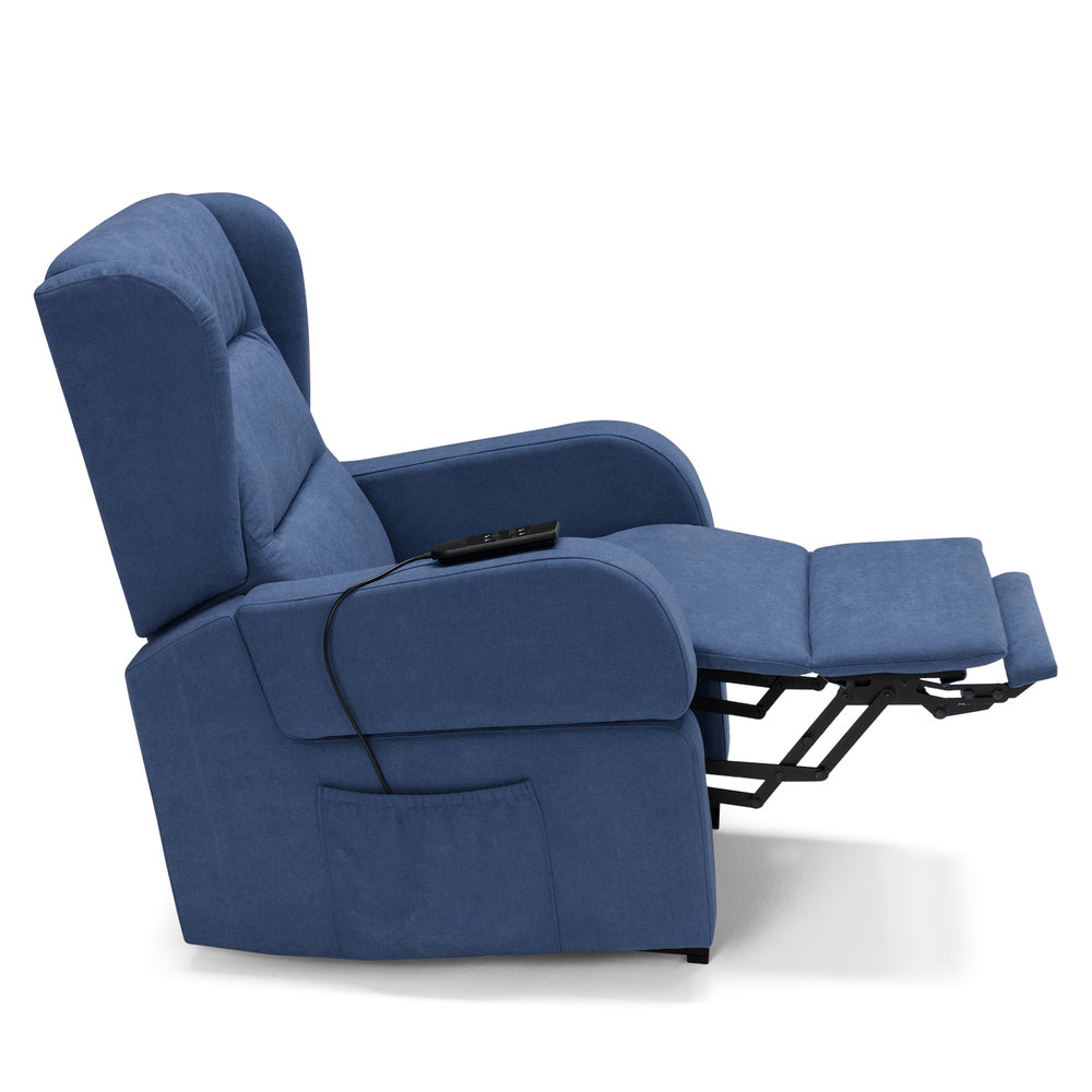 Poltrona relax elettrica Bilbao per anziani, 2 motori, 2 ruote, reclinazione e alzapersona, Tavolino di Servizio, braccioli estrabili, doppia pediera, colore Blu