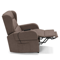 Poltrona relax elettrica Bilbao per anziani, 2 motori, 2 ruote, reclinazione e alzapersona, Kit Batteria, braccioli estrabili, doppia pediera, colore Fango